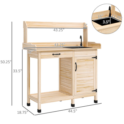 Potting Bench Table with Removable Sink, Outdoor Work Bench Table with Storage Cabinet, Hooks, Faucet and Drawer for Greenhouse, Garden, Patio
