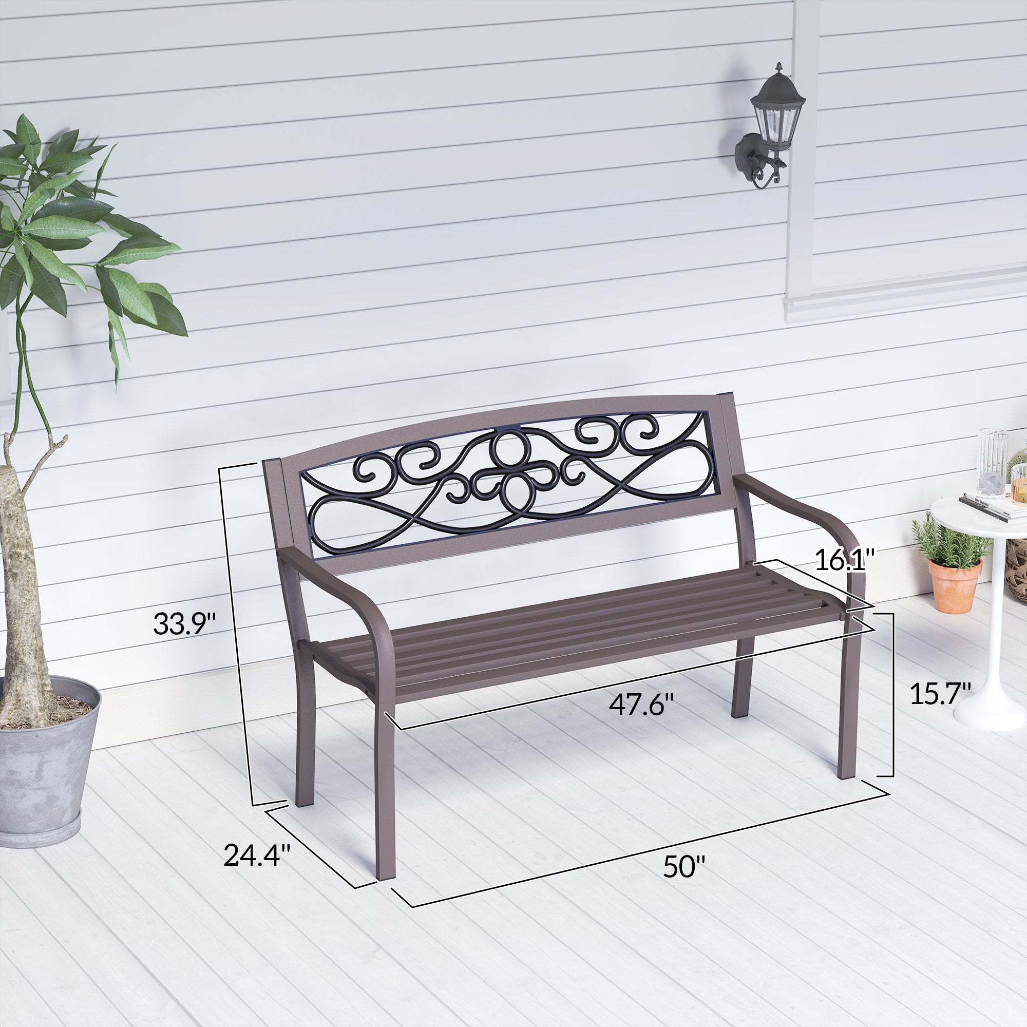 50" Outdoor Bench, Metal Garden Bench with Floral Pattern Backrest, Porch Bench with Slatted Seat for Park, Yard, Lawn, Brown