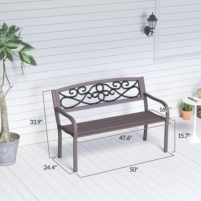 50" Outdoor Bench, Metal Garden Bench with Floral Pattern Backrest, Porch Bench with Slatted Seat for Park, Yard, Lawn, Brown