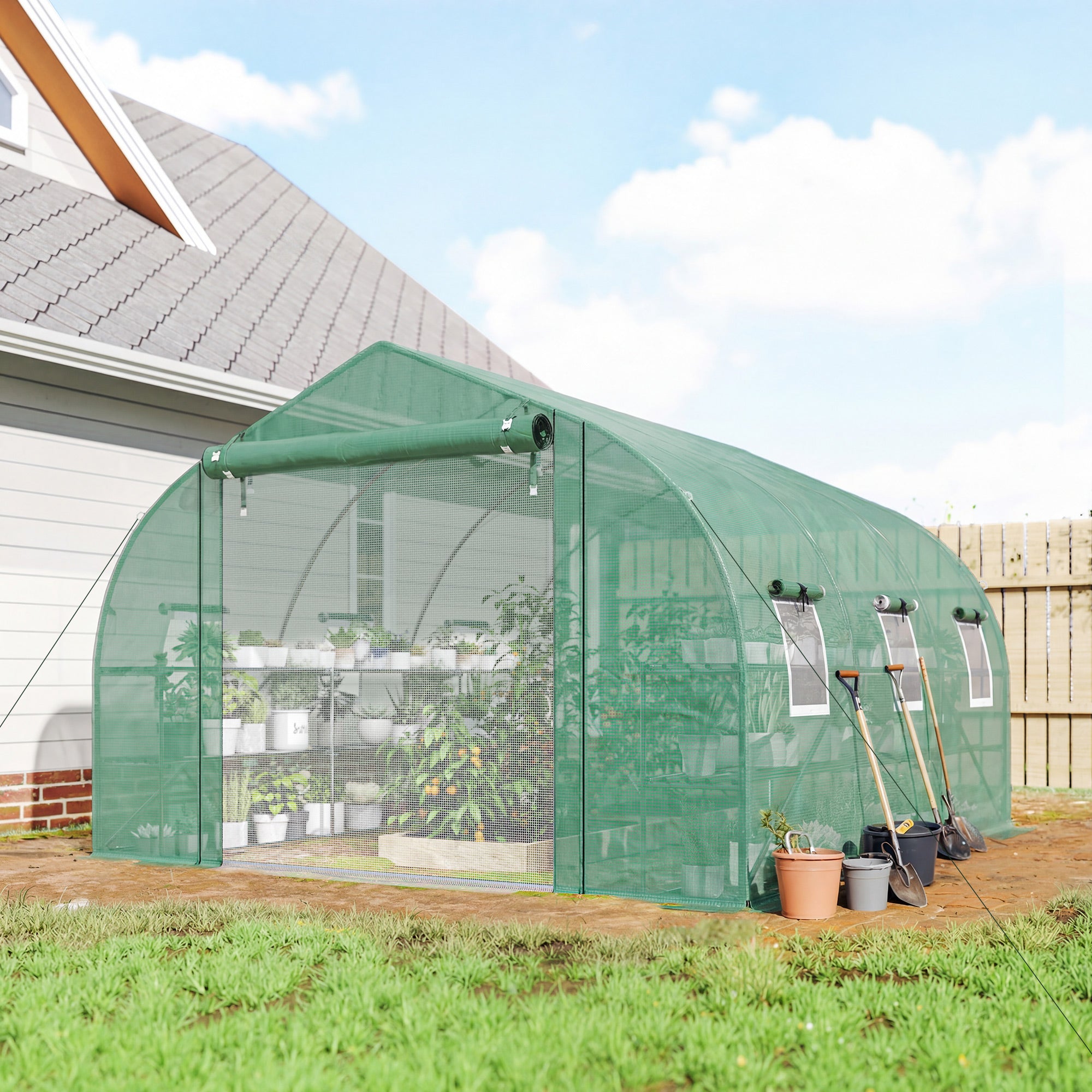 10'x11'x6' Walk-in Tunnel Greenhouse with Shelves, Mesh Door and Windows, Plant Hot House with PE Cover