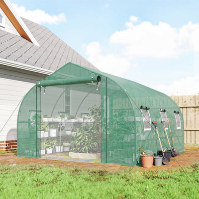 10'x11'x6' Walk-in Tunnel Greenhouse with Shelves, Mesh Door and Windows, Plant Hot House with PE Cover