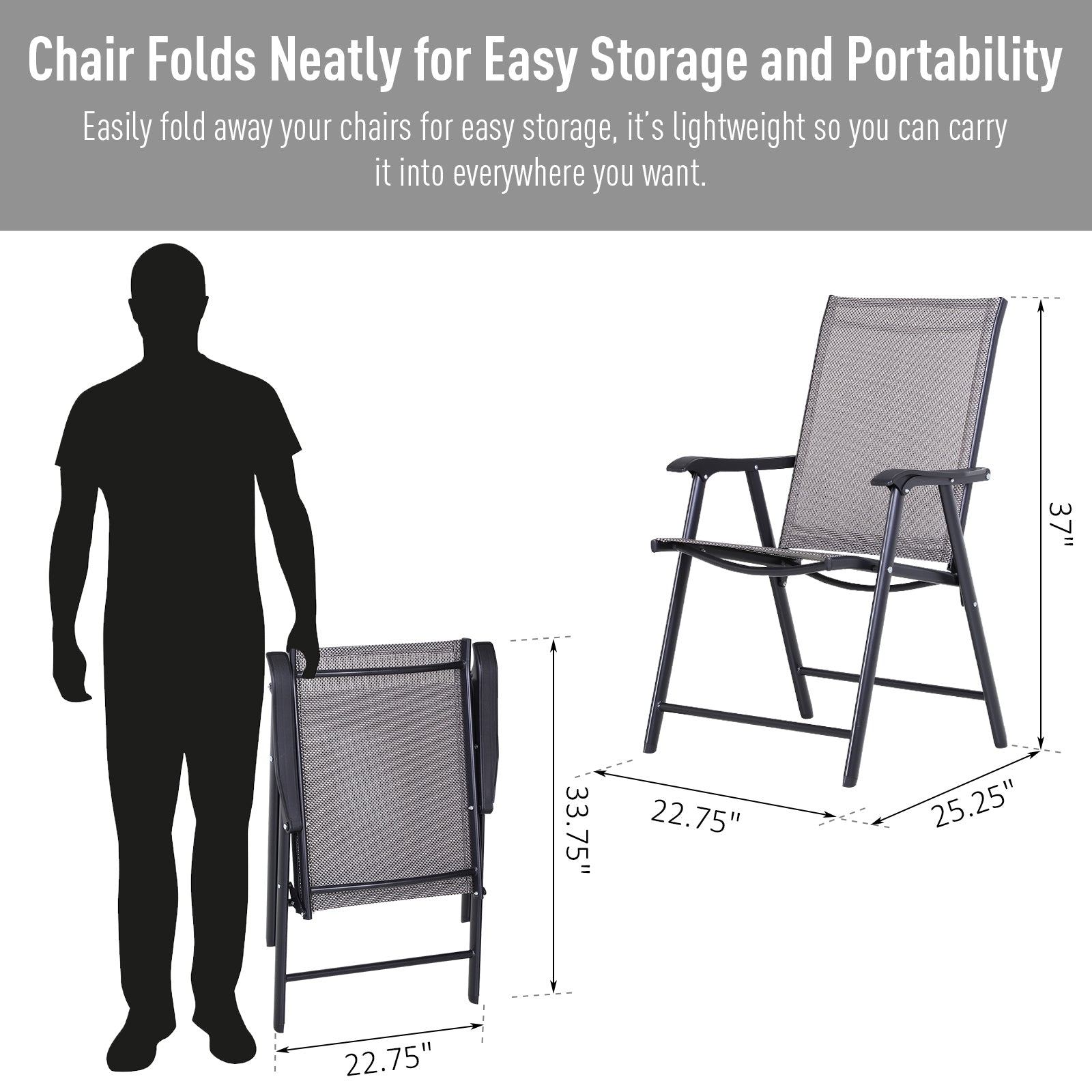 Set of 4 Outdoor Folding Chairs, Stackable Patio Dining Chairs with Armrests, Metal Frame