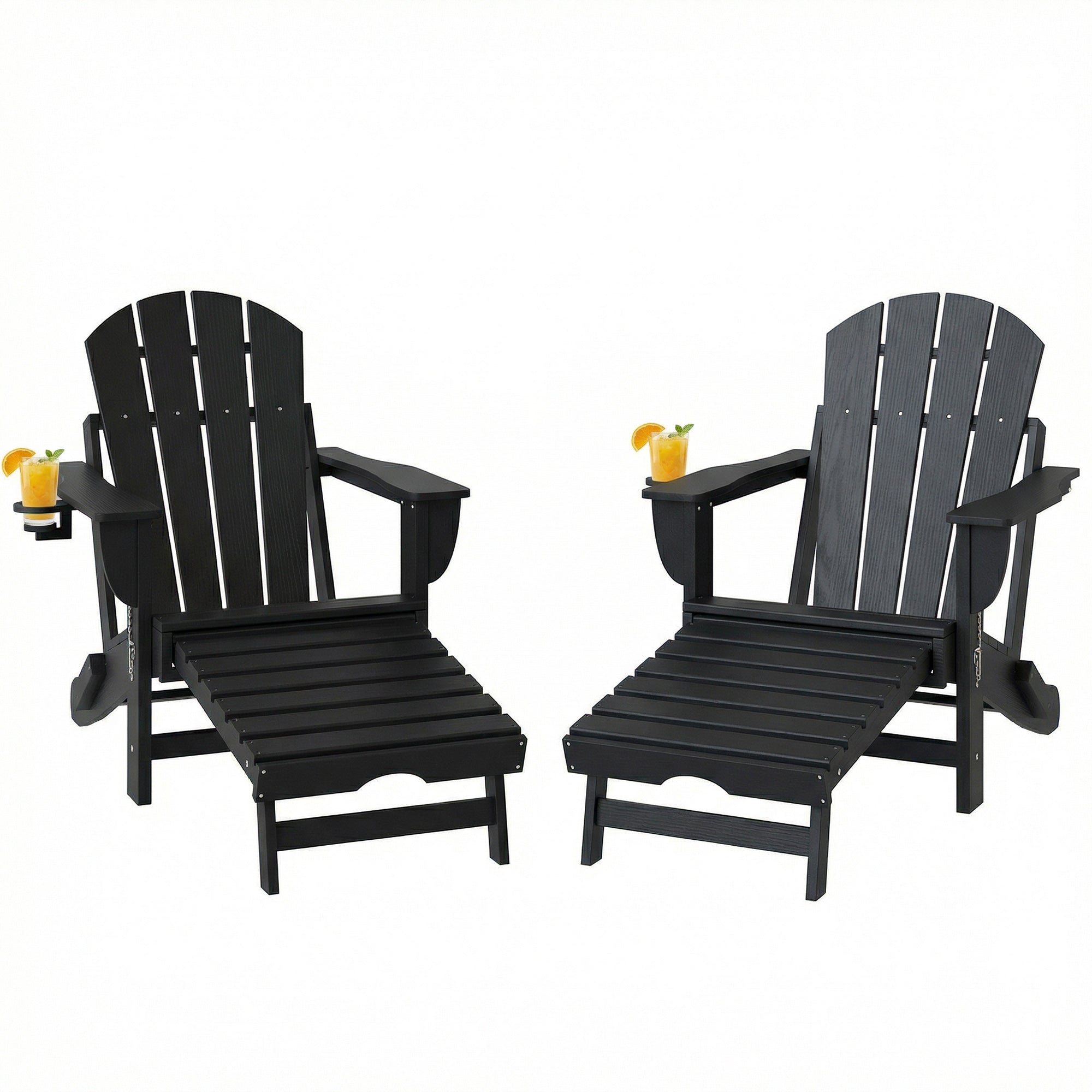 Folding Adirondack Chair Set of 2, HDPE Fire Pit Chair with Retractable Ottoman and Cup Holder