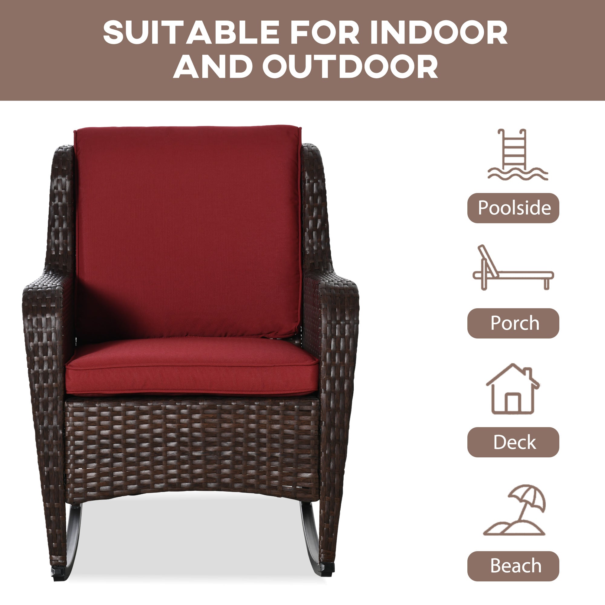 Outdoor Wicker Rocking Chair, Rattan Rocker with Cushions, Steel Frame for Patio, Garden, Backyard, Wine Red