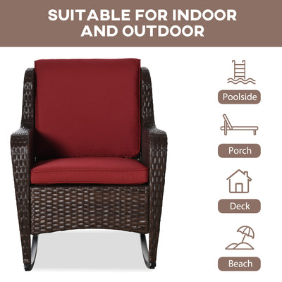 Outdoor Wicker Rocking Chair, Rattan Rocker with Cushions, Steel Frame for Patio, Garden, Backyard, Wine Red