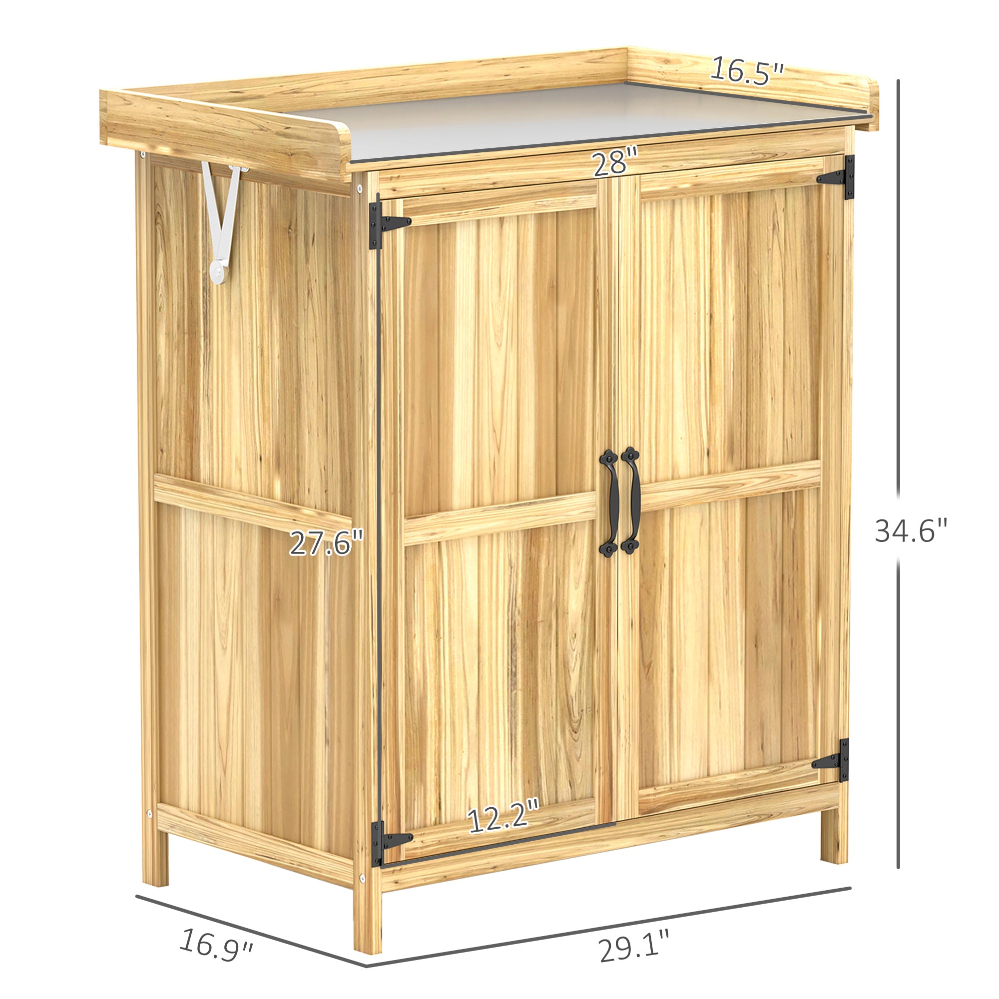 Outdoor Storage Cabinet, Garden Tool Shed with Metal Tabletop and Shelf, Wooden Potting Bench with 2 Doors