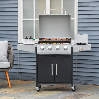 52" Barbecue Grill with Wheels 4+1 Burner Liquid Propane Gas Grill Outdoor Cabinet Style BBQ Trolley w/ Side Burner