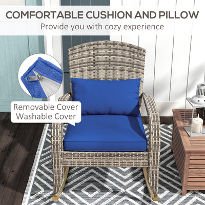 Adirondack Chair, Outdoor Wicker Rocking Chair with High Back, Seat Cushion, and Pillow for Porch, Balcony, Dark Blue