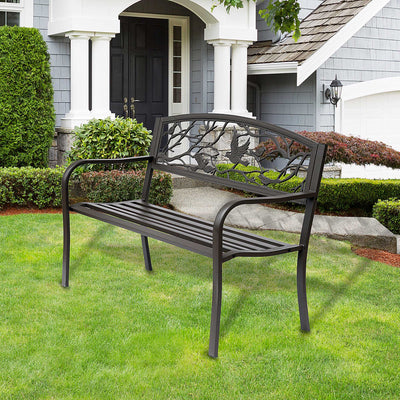 50" Vintage Bird Pattern Garden Cast Iron Patio Bench - Brown