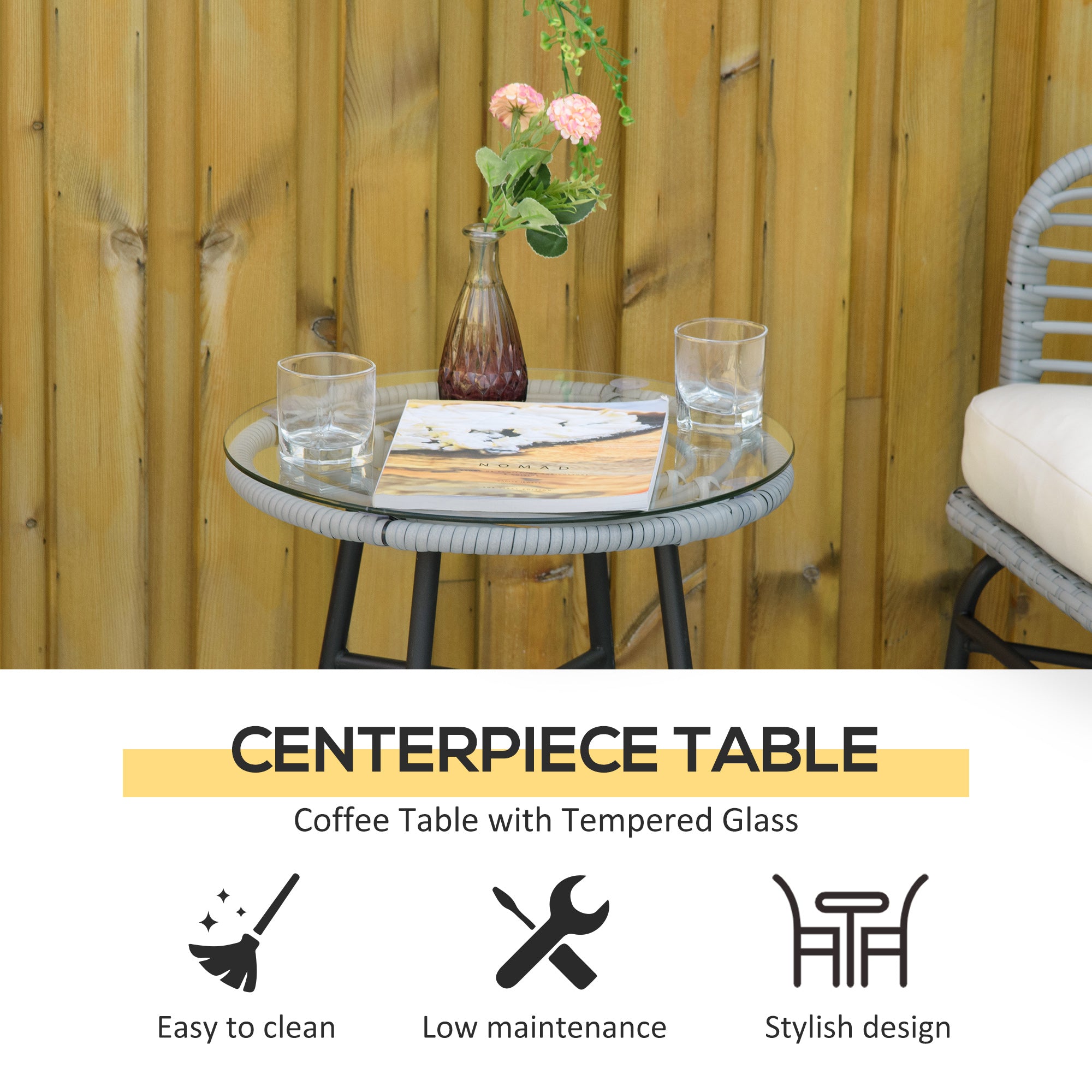 3 Piece Patio Bistro Set, PE Rattan with Cushioned Barrel Chairs & Glass Coffee Table, Conversation Set, Cream White