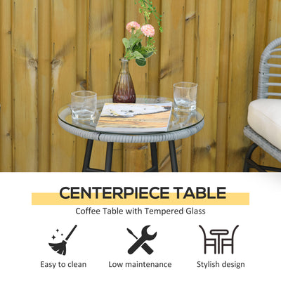 3 Piece Patio Bistro Set, PE Rattan with Cushioned Barrel Chairs & Glass Coffee Table, Conversation Set, Cream White