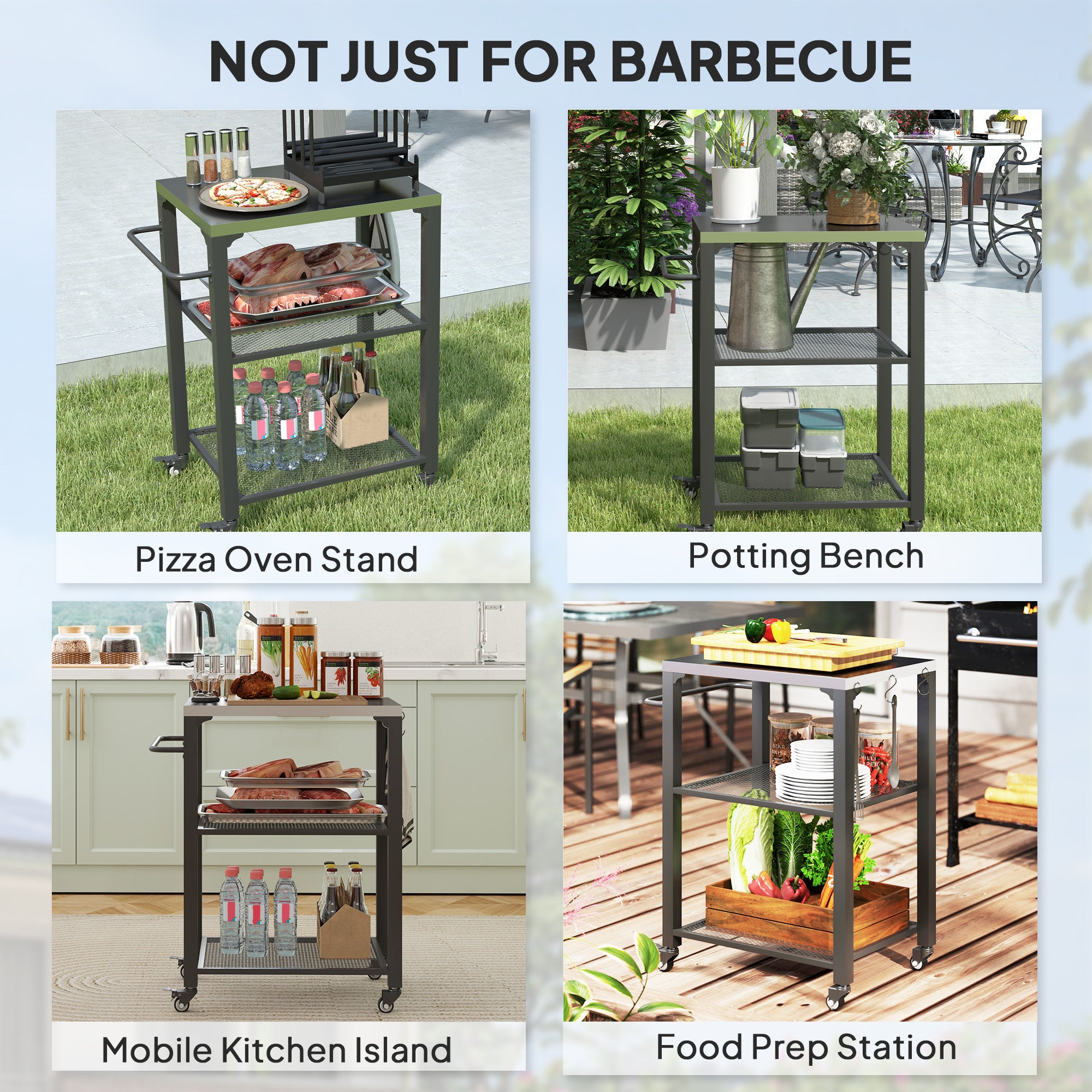3-Shelf Outdoor Grill Cart with Stainless Steel Tabletop, Movable Pizza Oven Table with Hooks, Side Handle, Wheels