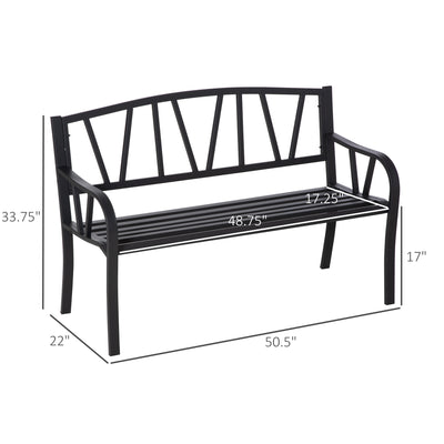50" Outdoor Bench, Metal Garden Bench with V-Shaped Pattern Backrest, Porch Bench with Slatted Seat for Park, Yard, Lawn, Black