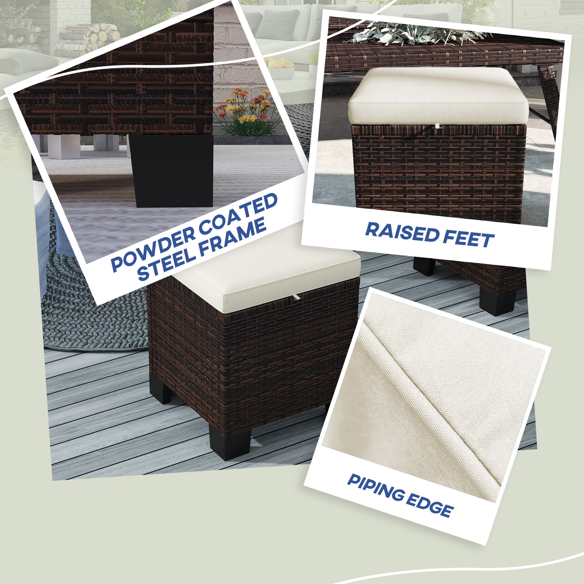 2 Piece Wicker Outdoor Ottomans with Cushions, Rattan Ottoman Footrest and Side Table for Patio, Yard, Poolside