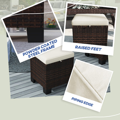 2 Piece Wicker Outdoor Ottomans with Cushions, Rattan Ottoman Footrest and Side Table for Patio, Yard, Poolside