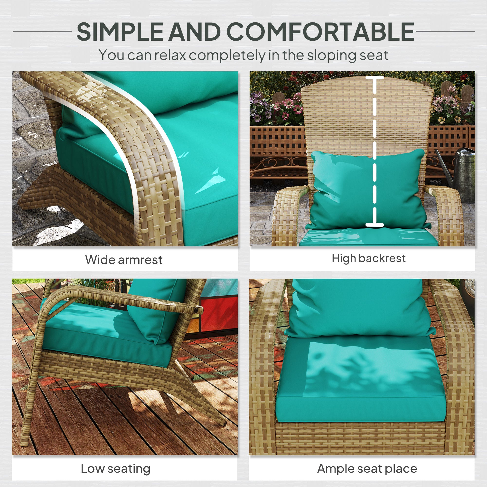 Patio Adirondack Chair with Rattan Wicker, Soft Cushions, Tall Curved Backrest for Deck or Garden