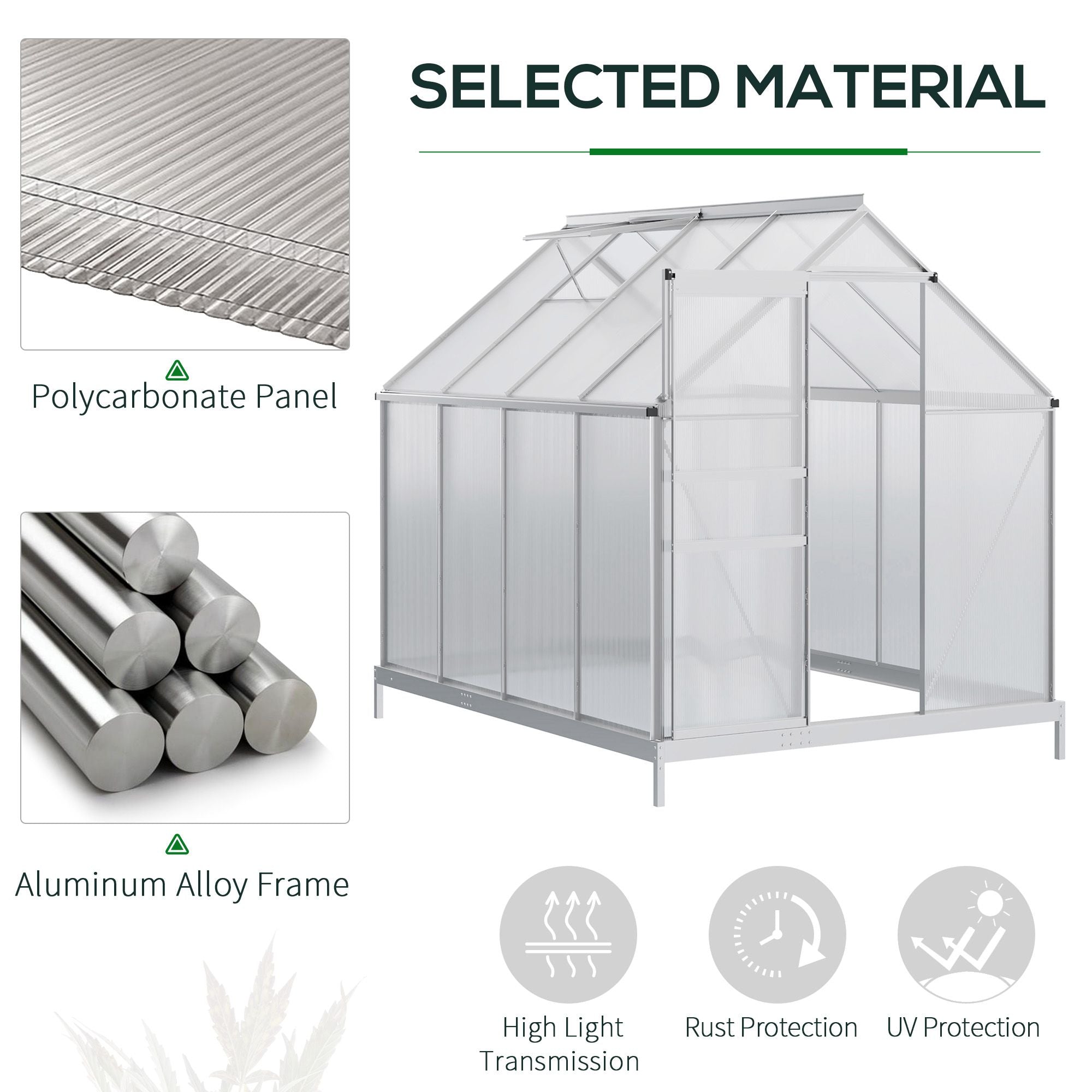 6' x 6' x 6.5' Polycarbonate Greenhouse with Aluminum Frame, Walk-in Heavy Duty Green House with Adjustable Roof Vent, Rain Gutter and Sliding Door for Winter, Silver