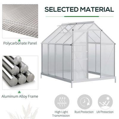 6' x 6' x 6.5' Polycarbonate Greenhouse with Aluminum Frame, Walk-in Heavy Duty Green House with Adjustable Roof Vent, Rain Gutter and Sliding Door for Winter, Silver