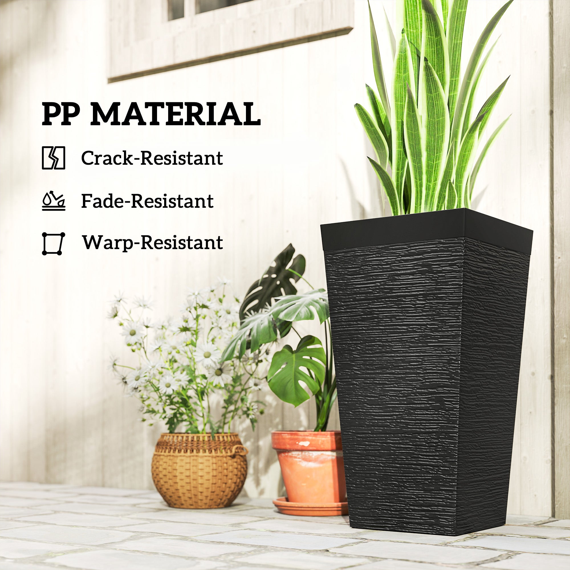 22.8 Inch Set of 3 Outdoor Planters with Stone Finish and Wheels, Stackable Tapered Planters with Drainage Hole