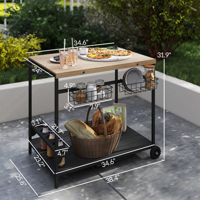 Outdoor Bar Cart Patio Serving Cart with Wine Holders Natural