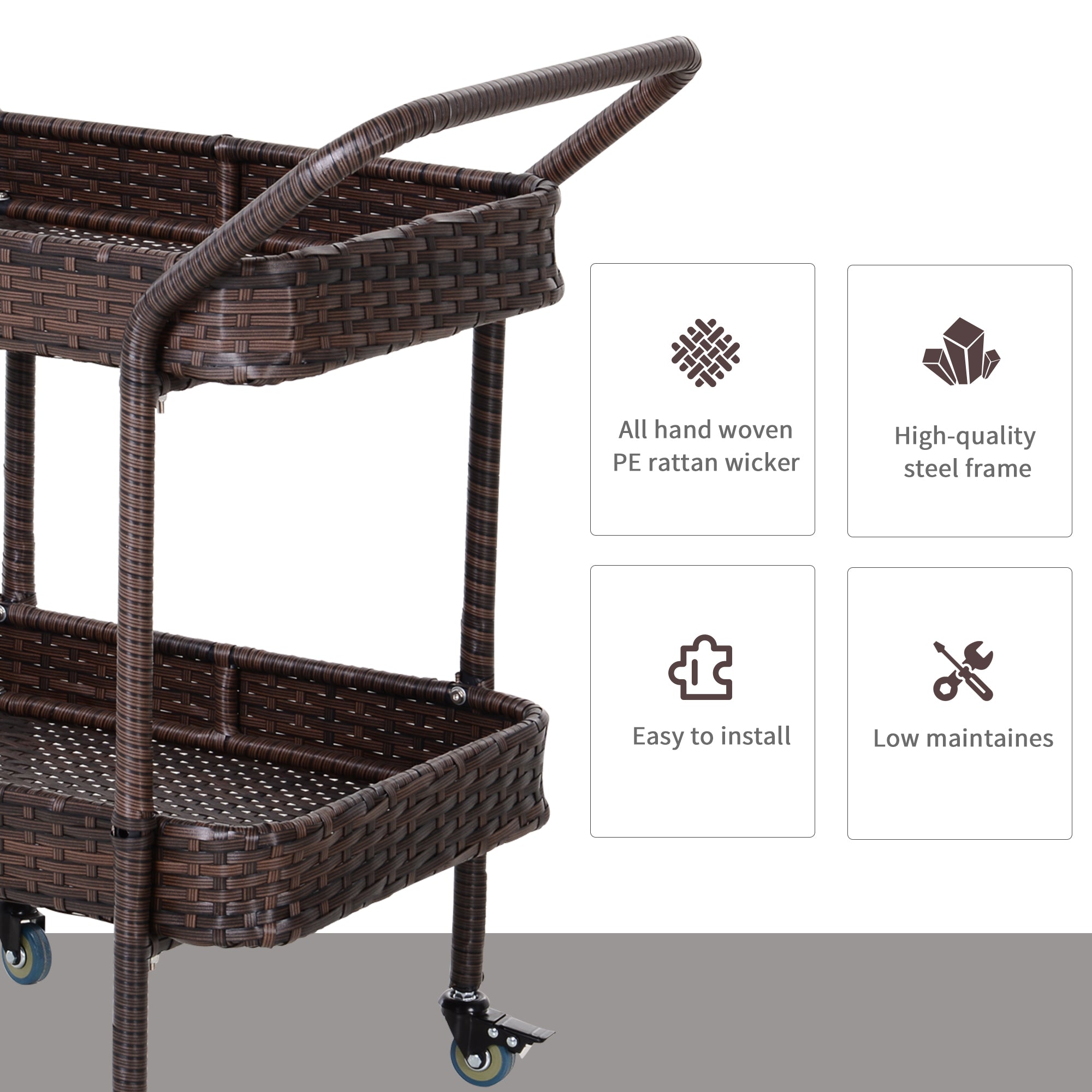 PE Rattan Outdoor Bar Table, Outdoor Kitchen Island with 2-Tier Shelf, Wheeled Patio Serving Cart with Brakes for Poolside, Garden, Brown