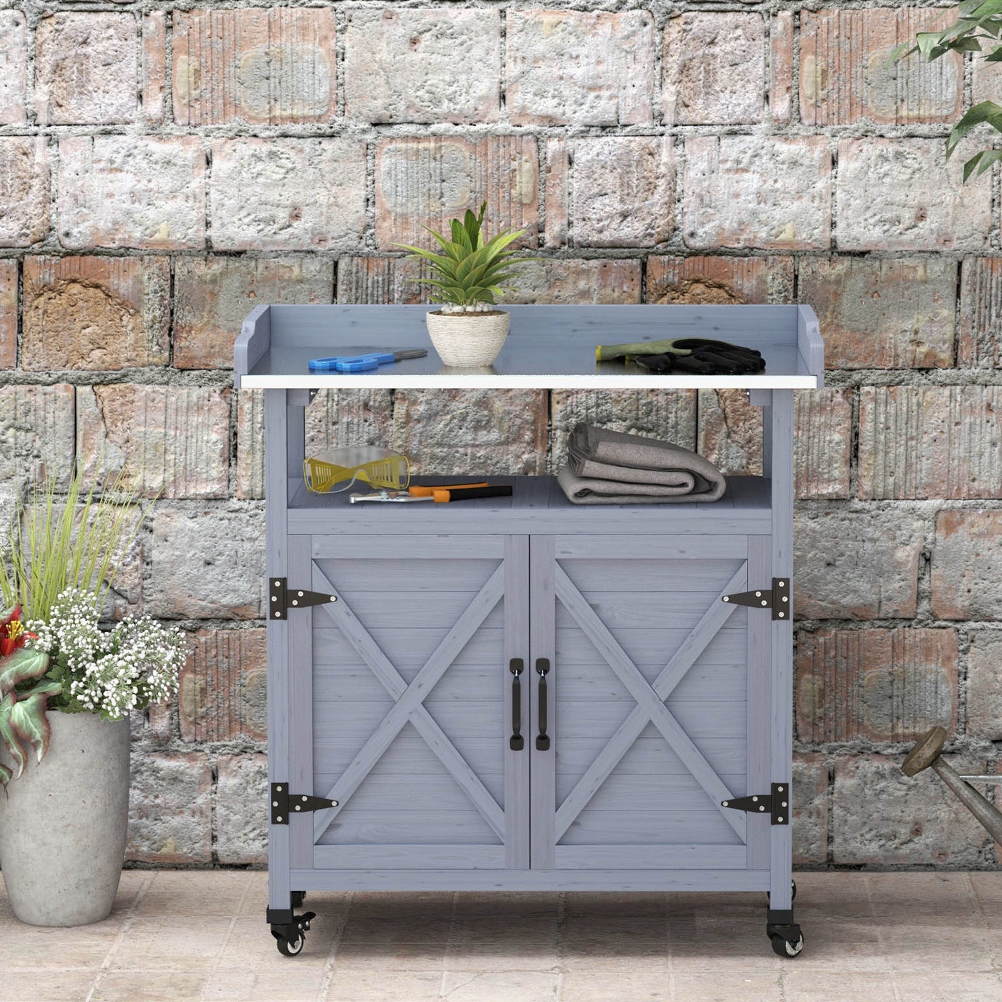 Outdoor Wooden Potting Bench with Storage Cabinet, Aluminum Tabletop, Rubber Wheels for Backyard, Patio, Balcony