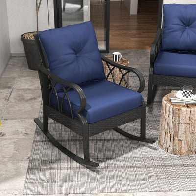2 Piece Outdoor Wicker Rocking Chairs Rattan Porch Rockers with Cushions, Aluminum Frame for Garden, Patio, Blue