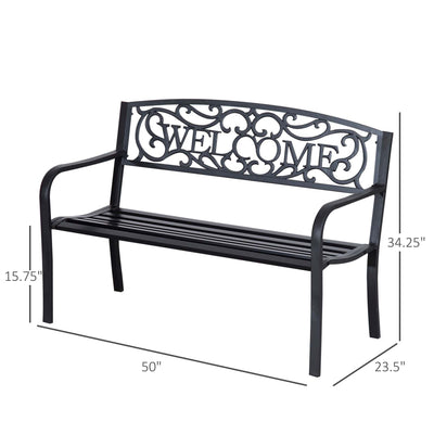 50" 2-Person Garden Bench Loveseat with Cast Iron Decorative Welcome Vines, Outdoor Patio Bench for Backyard, Porch, Entryway
