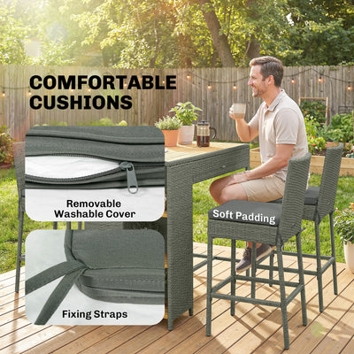 5 Piece Wicker Outdoor Bar Set, Acacia Wood Outdoor High Top Table and Chairs with 3 Tier Shelves, Cushions