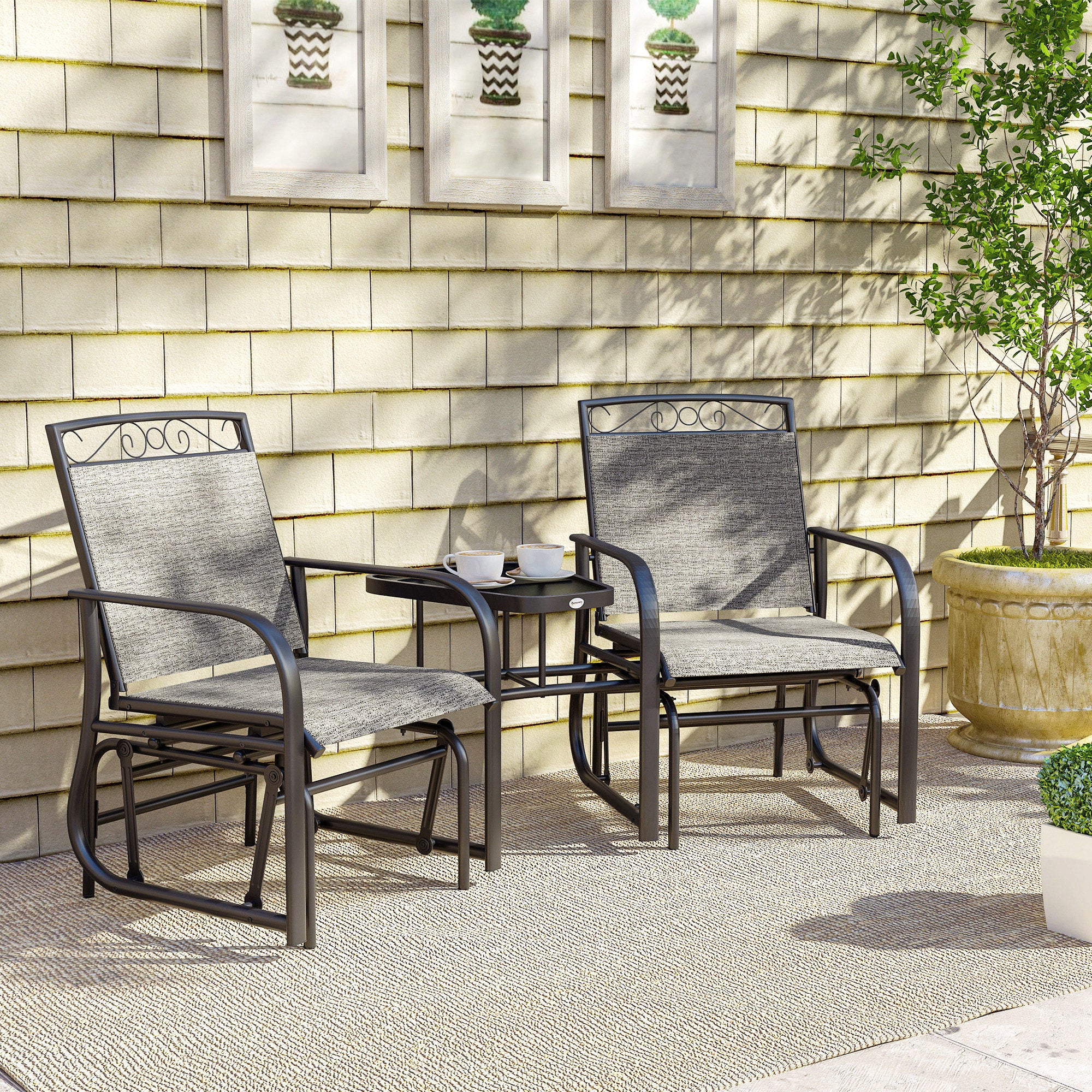 Outdoor Glider Chairs with Coffee Table, Patio 2-Seat Rocking Chair Swing with Breathable Sling for Backyard