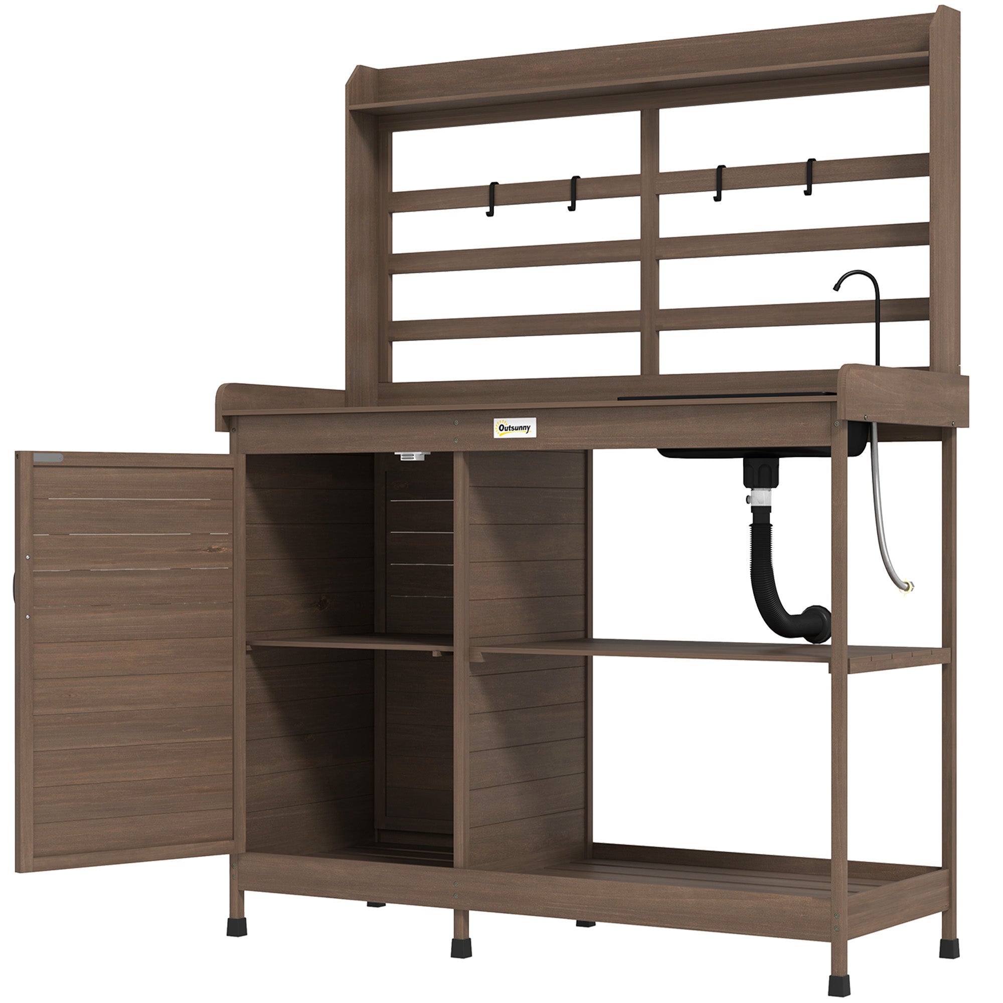 Wooden Potting Bench with Storage, Sink, Water Tap for Backyard, Patio, Balcony
