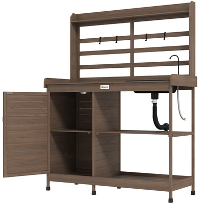 Wooden Potting Bench with Storage, Sink, Water Tap for Backyard, Patio, Balcony
