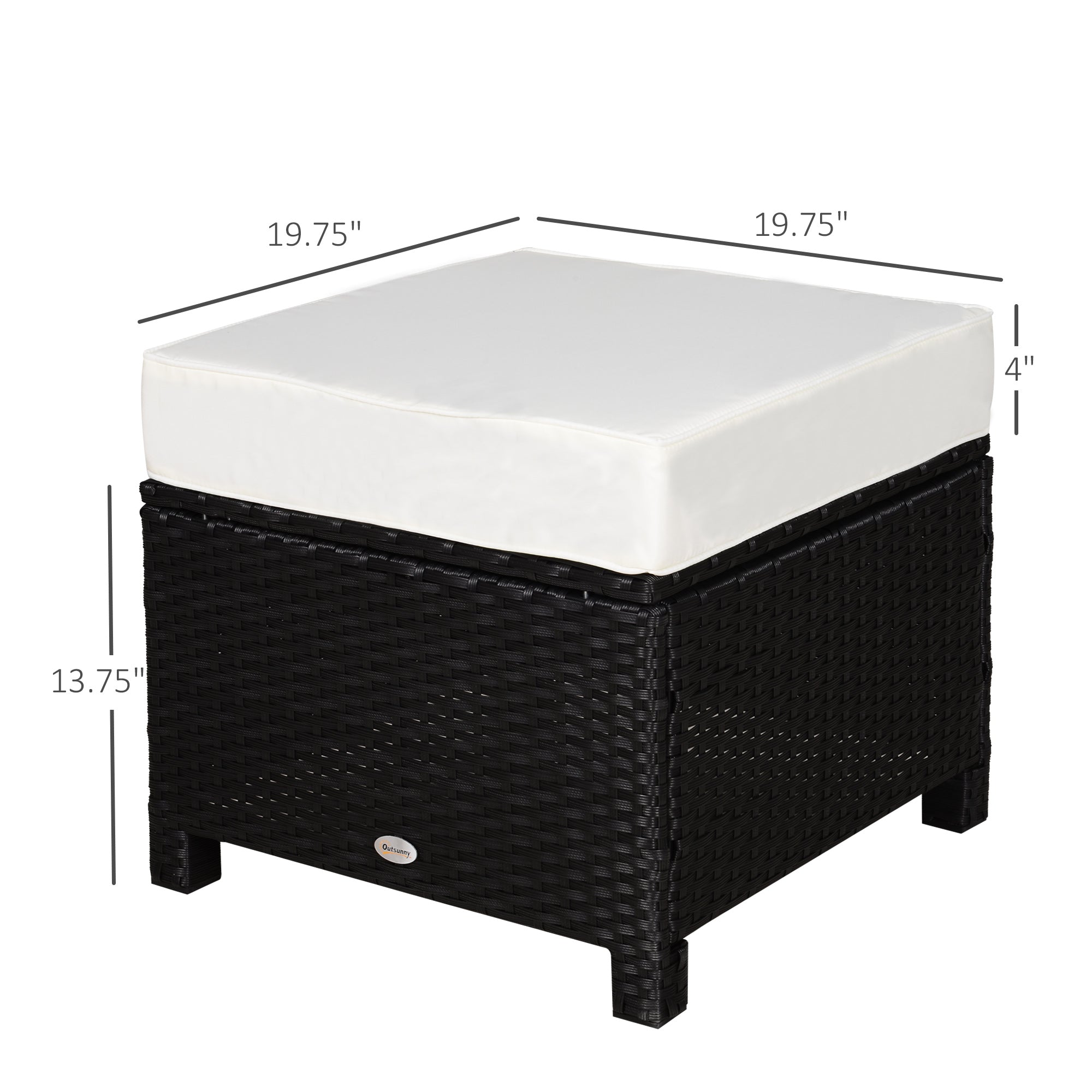 20" Patio Wicker Ottoman, Multipurpose Outdoor PE Rattan Footrest, Additional Seating, Side Table with Soft Cushion, Black, Cream White
