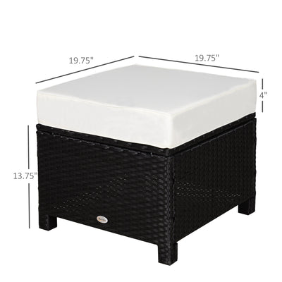 20" Patio Wicker Ottoman, Multipurpose Outdoor PE Rattan Footrest, Additional Seating, Side Table with Soft Cushion, Black, Cream White