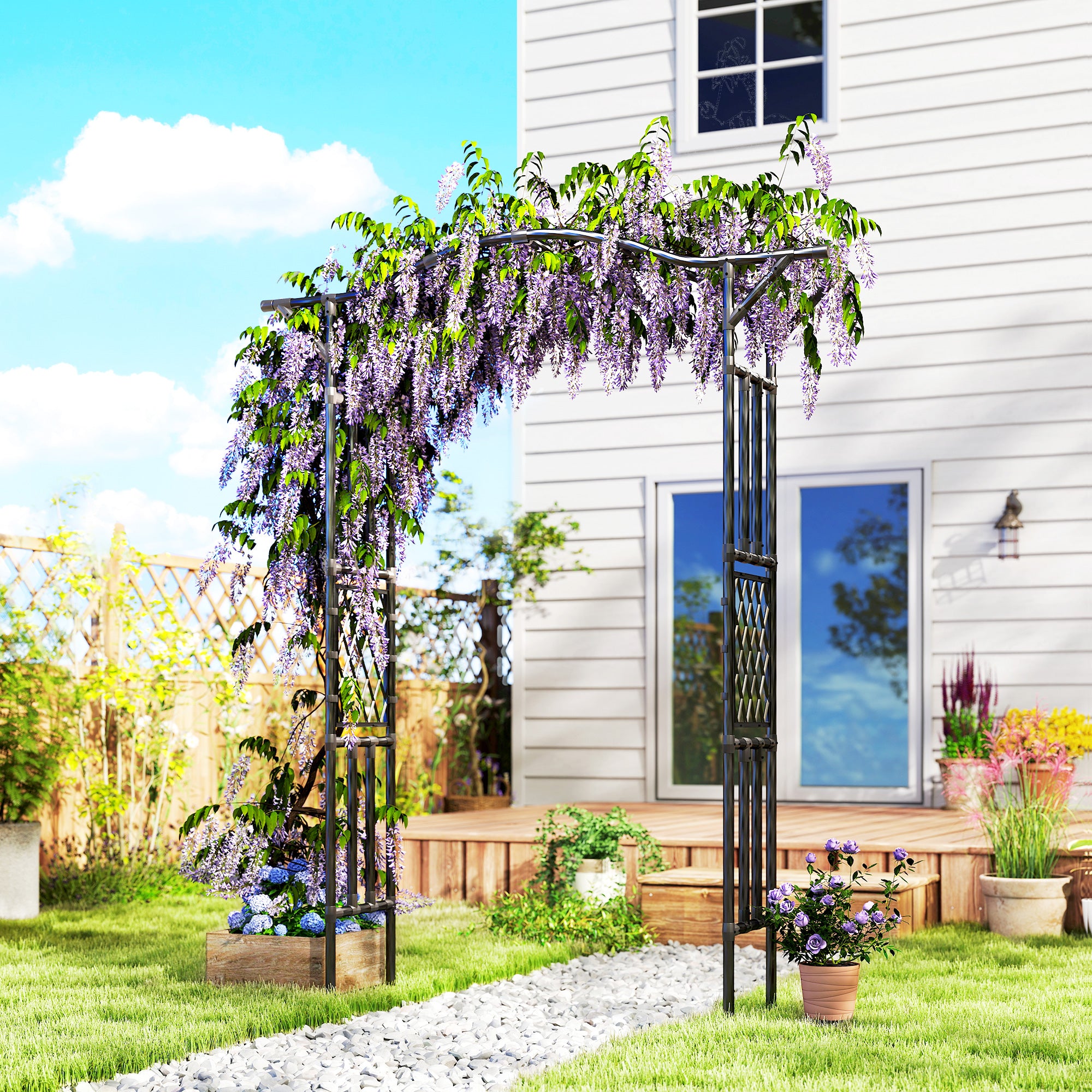 Garden Arch, PE-Coated Steel Garden Arch Trellis with Extended Top, Black