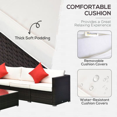 6 Piece Patio Furniture Set Outdoor Wicker Conversation Set All Weather PE Rattan Sectional Sofa Set with Ottoman, Cushions and Tempered Glass Table, Mixed Brown and Cream White