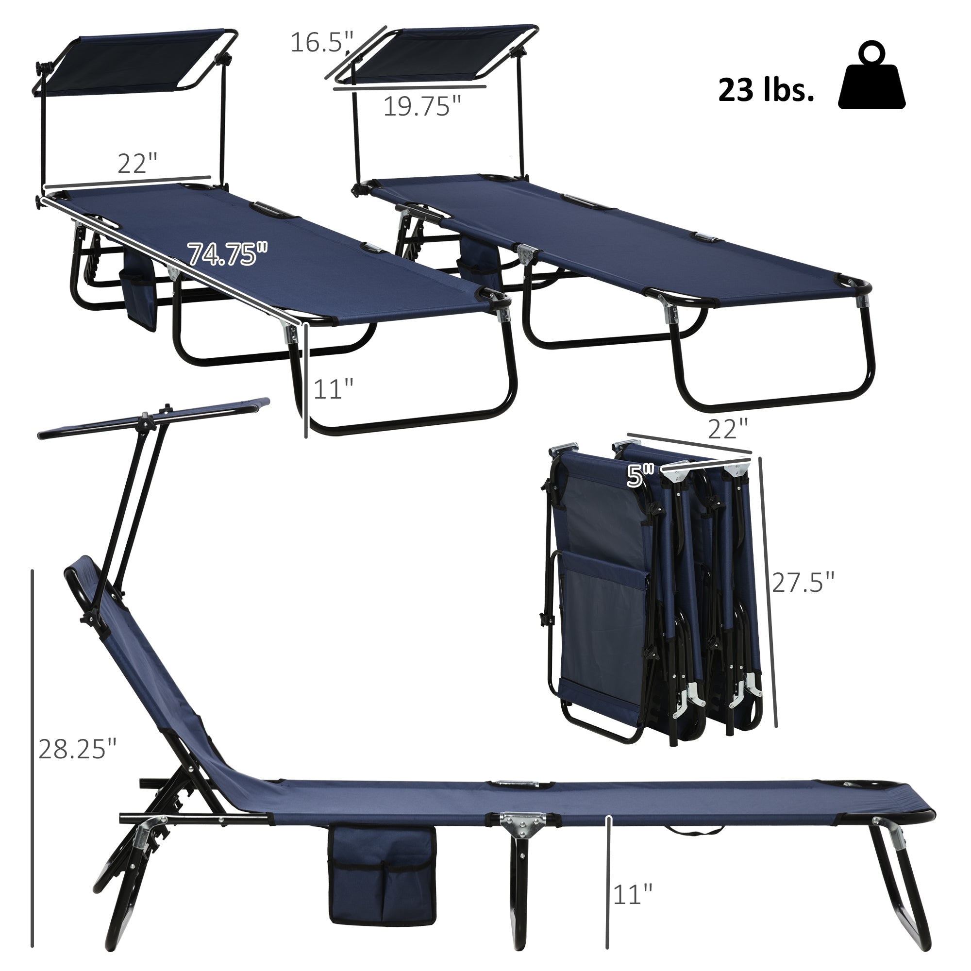 Chaise Pool Lounge Chairs Set of 2, Outdoor Sun Tanning Chairs, Reclining Back, Steel Frame and Side Pocket