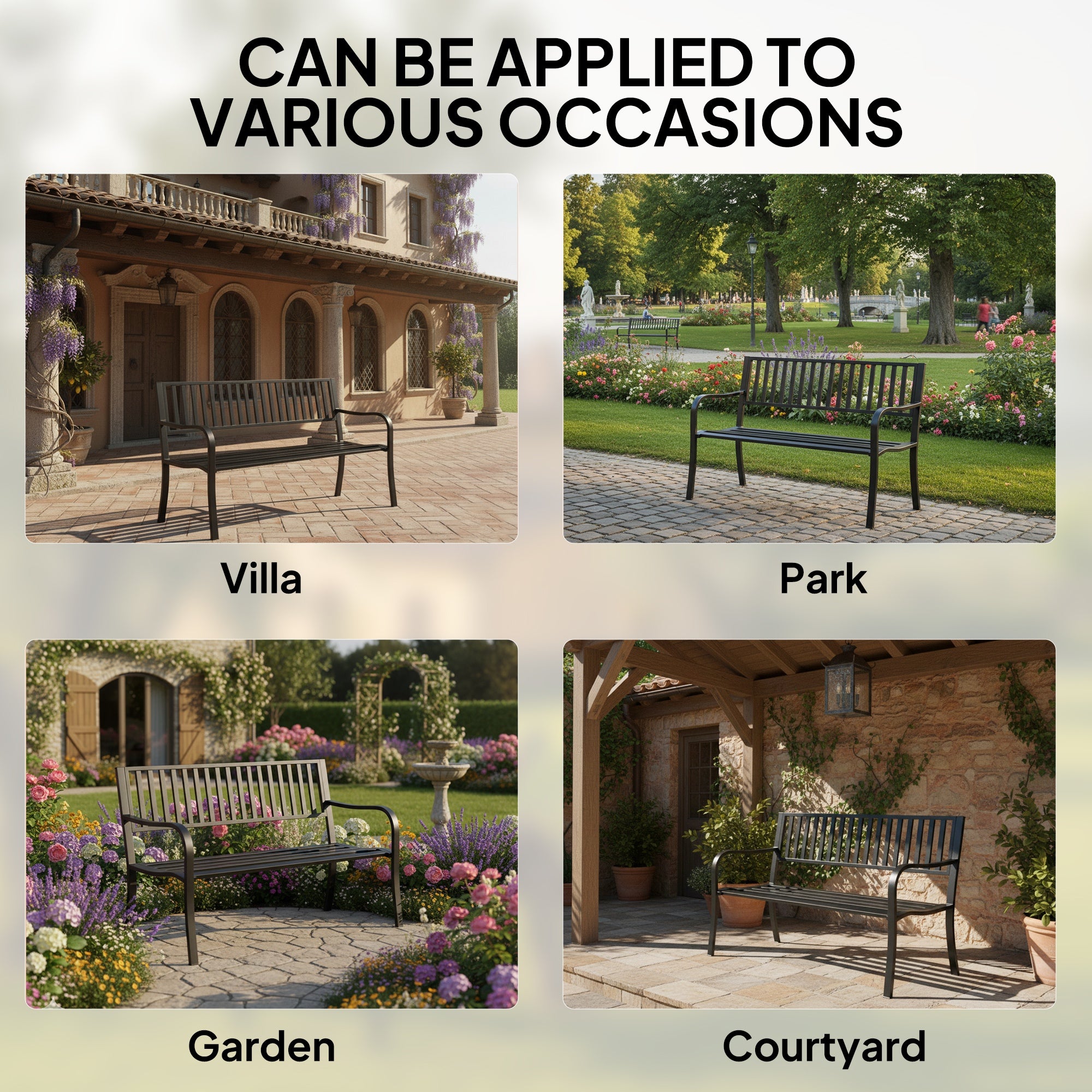 50" Outdoor Garden Bench, Patio Bench with Slatted Seat, Metal Porch Bench for Backyard, Poolside, Lawn, Black