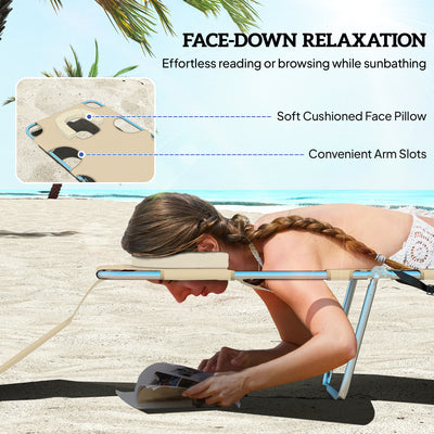 Tanning Chair with Face Hole, 5-Level Adjustable Outdoor Chaise Lounge Chair with Pillow for Beach, Pool