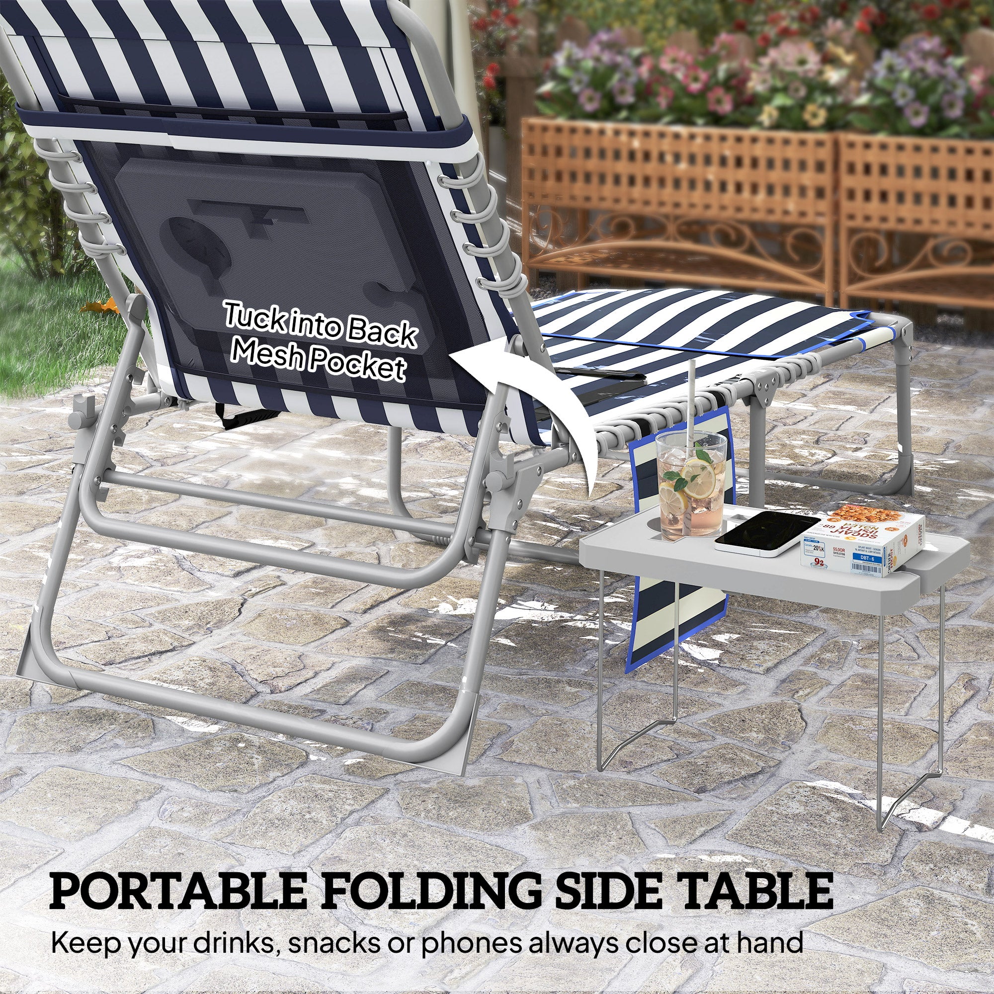 Tanning Chair with Face Hole and Side Table, 5-Position Folding Outdoor Chaise Lounge Chair