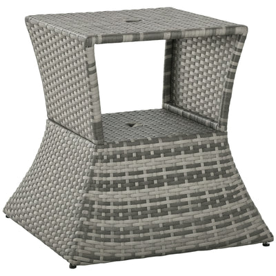 Outdoor Side Table with Umbrella Hole, 2 Tier Rattan Wicker End Table with Storage Shelf, All Weather for Patio, Garden, Backyard, Mixed Gray