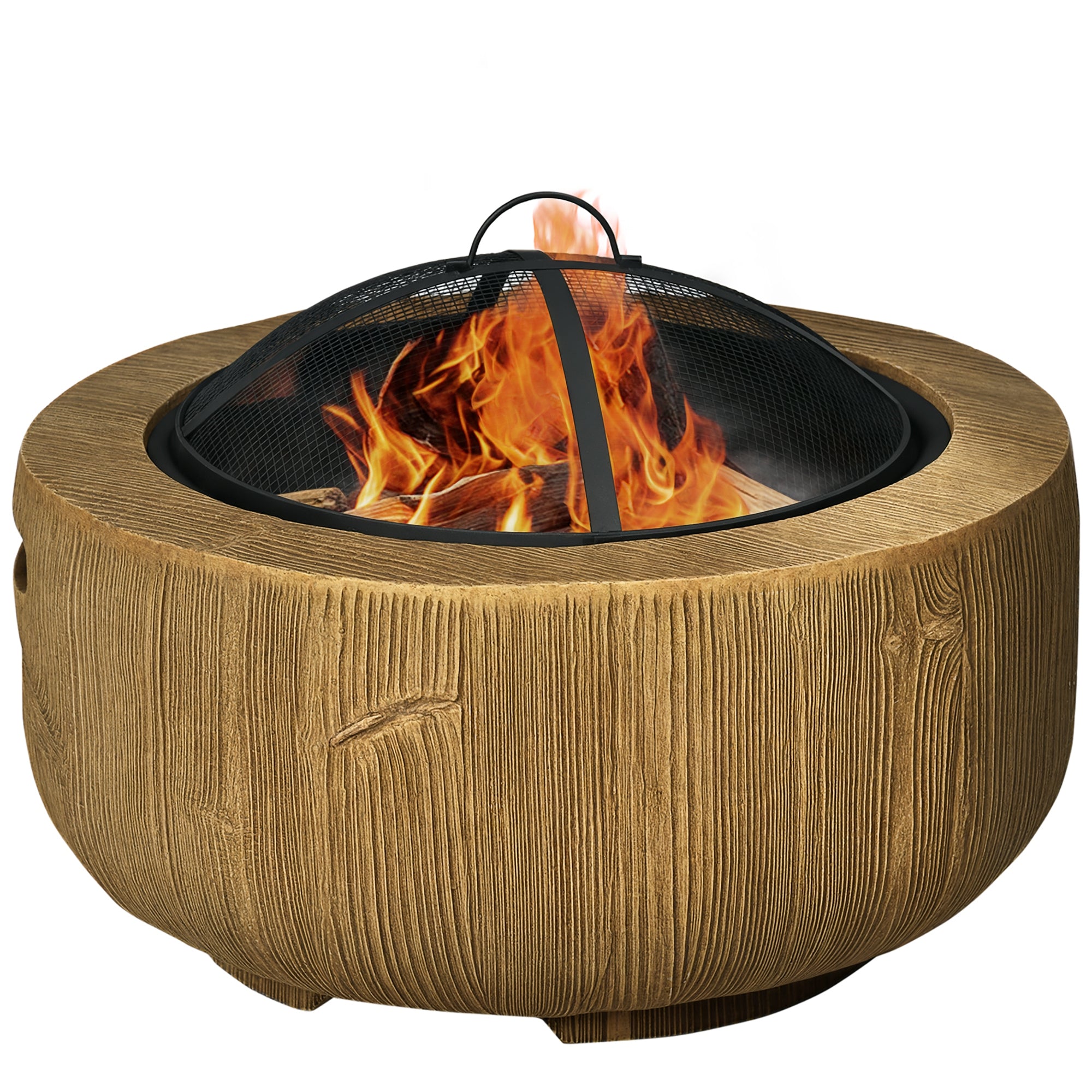 Outdoor Fire Pit, 24 Inch Metal Wood Burning Fireplace with Spark Cover, Poker, Woodgrain Design, Light Brown