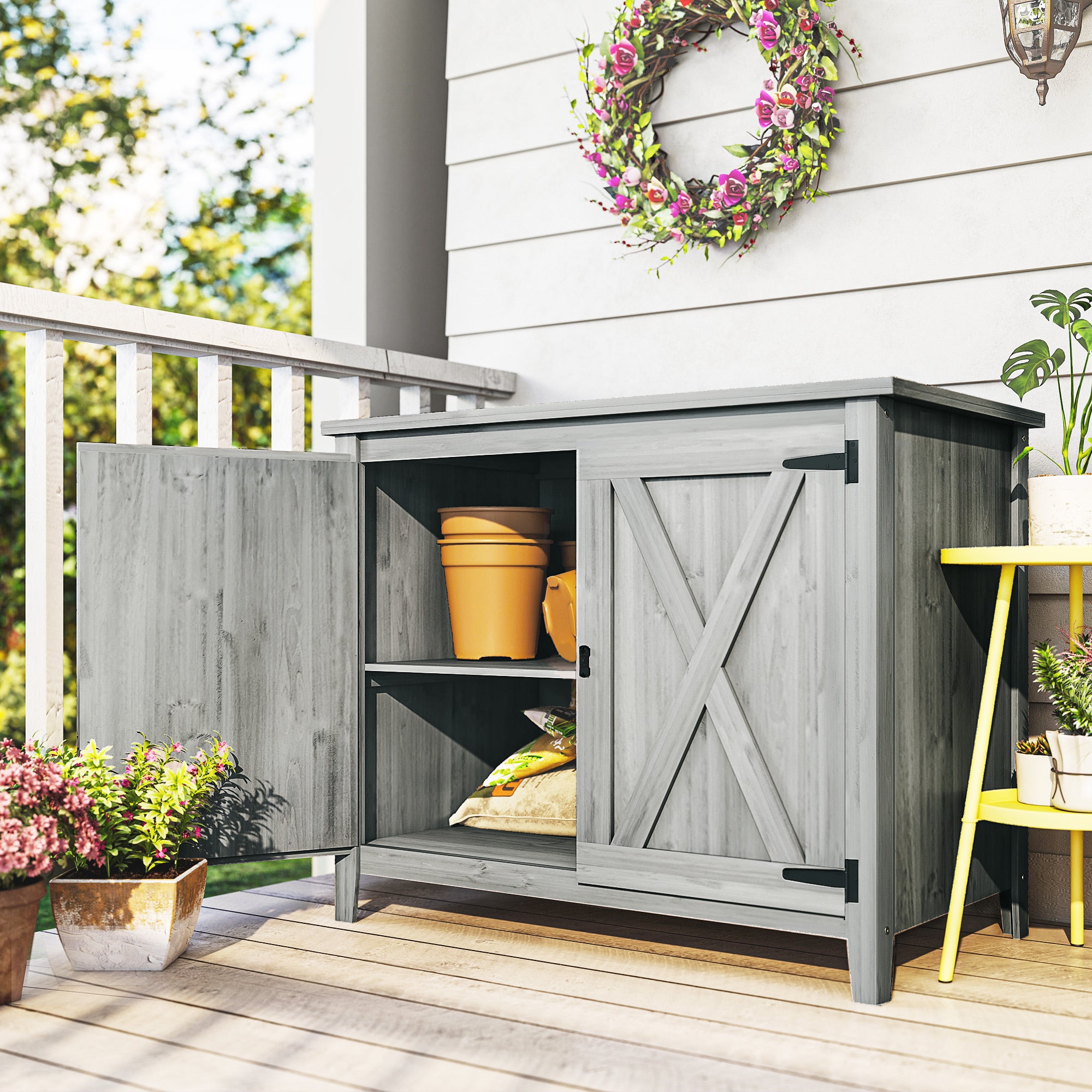 Wooden Outdoor Storage Cabinet, Garden Shed Potting Shed with Shelf and Double Doors