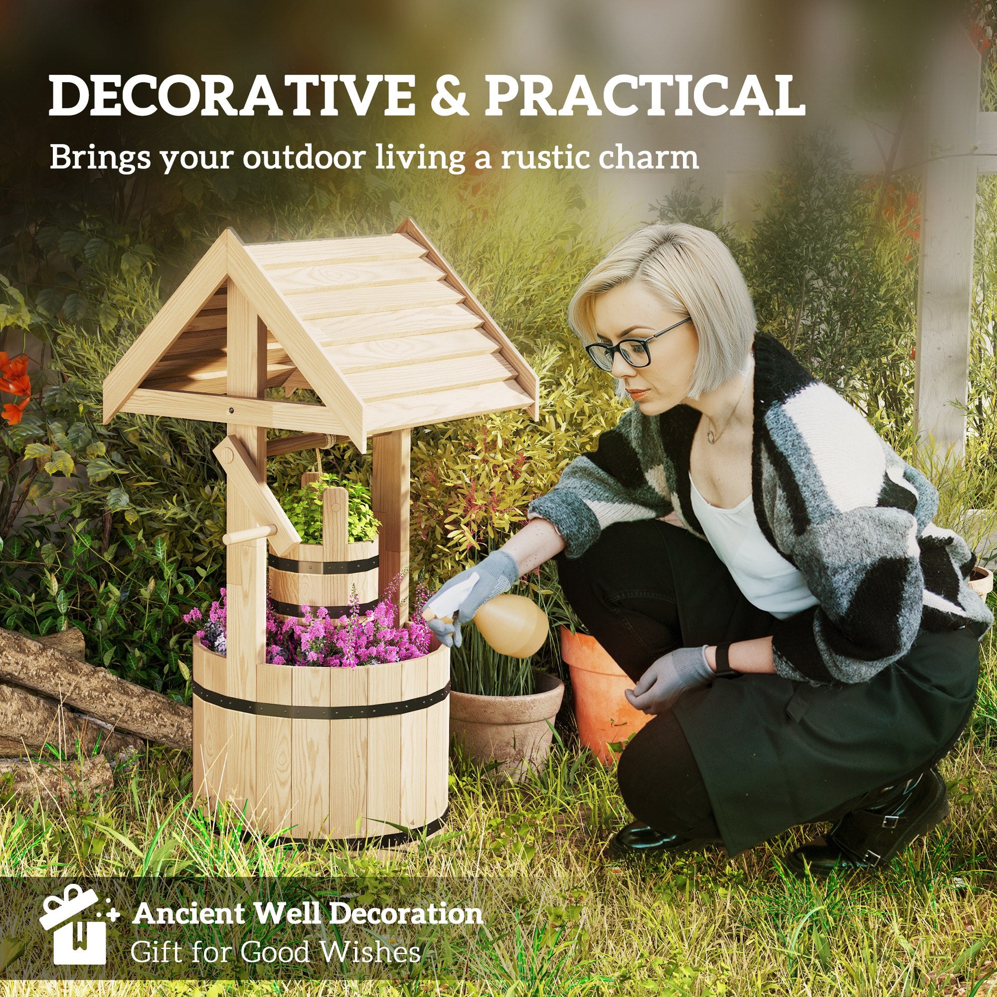 Wood Wishing Well for Outside with Hanging Bucket, Wishing Well Planter with Drain Hole for Garden Patio
