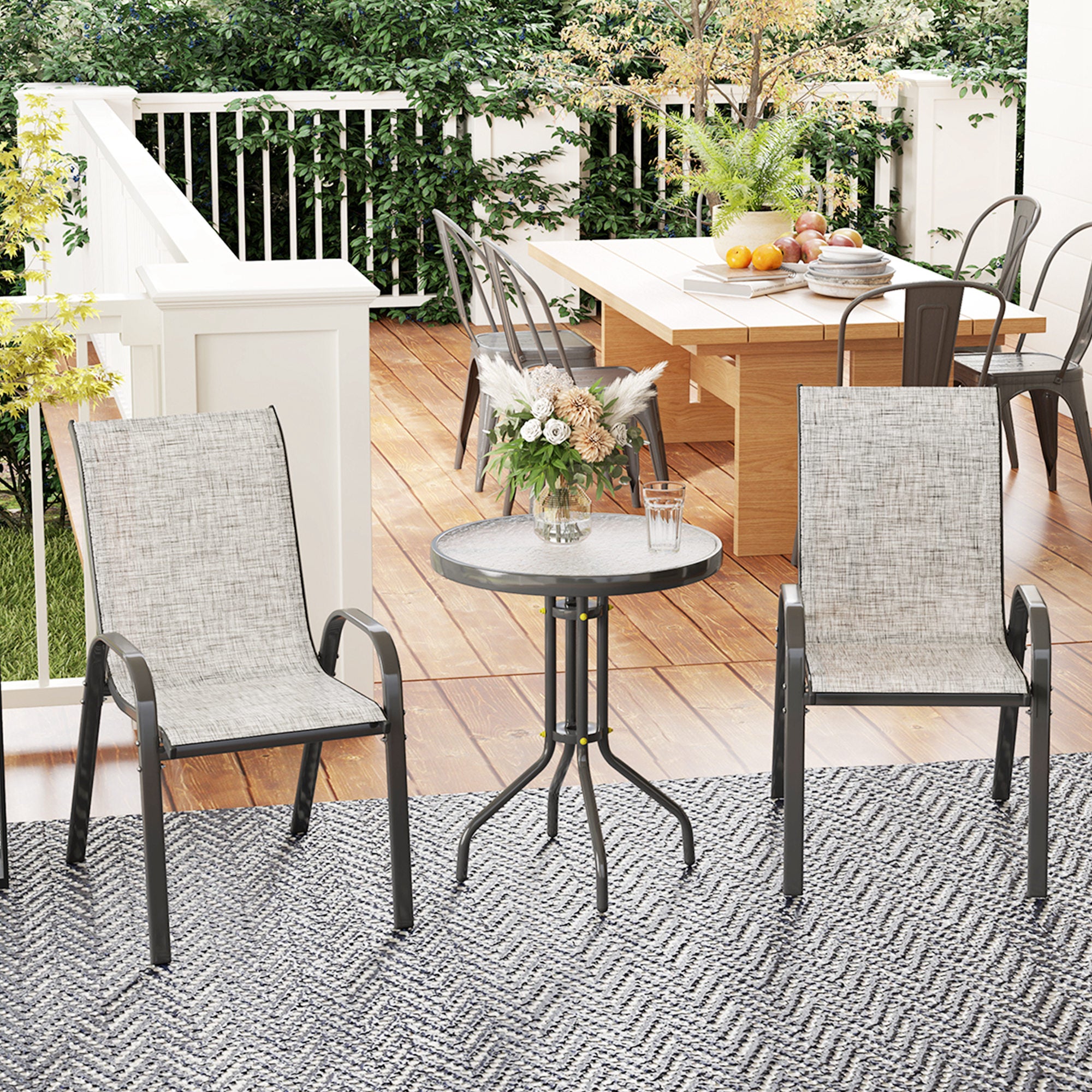 3 Pieces Bistro Set, Small Patio Furniture Set with Stackable Chairs and Glass Table for Backyard, Balcony