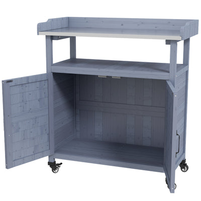 Outdoor Wooden Potting Bench with Storage Cabinet, Aluminum Tabletop, Rubber Wheels for Backyard, Patio, Balcony