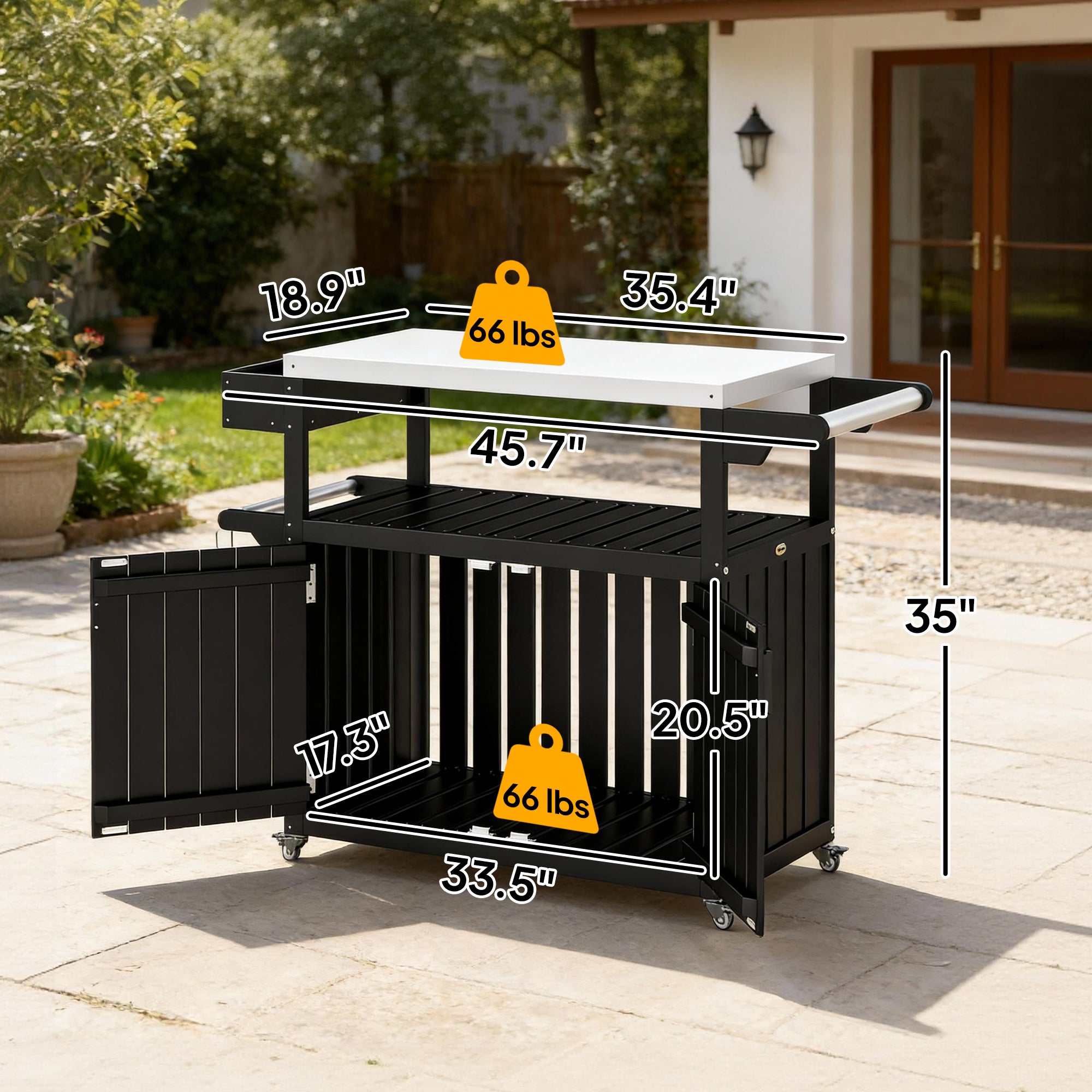 Outdoor Bar Cart with Storage, Stainless Steel Outdoor Bar Table Top, Wheeled HDPE Kitchen Island for Food Prep