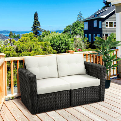 2 Piece Patio Wicker Corner Sofa Set, Outdoor PE Rattan Furniture, with Curved Armrests and Padded Cushions for Balcony, Garden, or Lawn