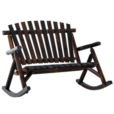 Wooden Porch Rocking Chair, Wood Double Adirondack, Rocker for Indoor or Outdoor with High Rise Slatted Back, Carbonized