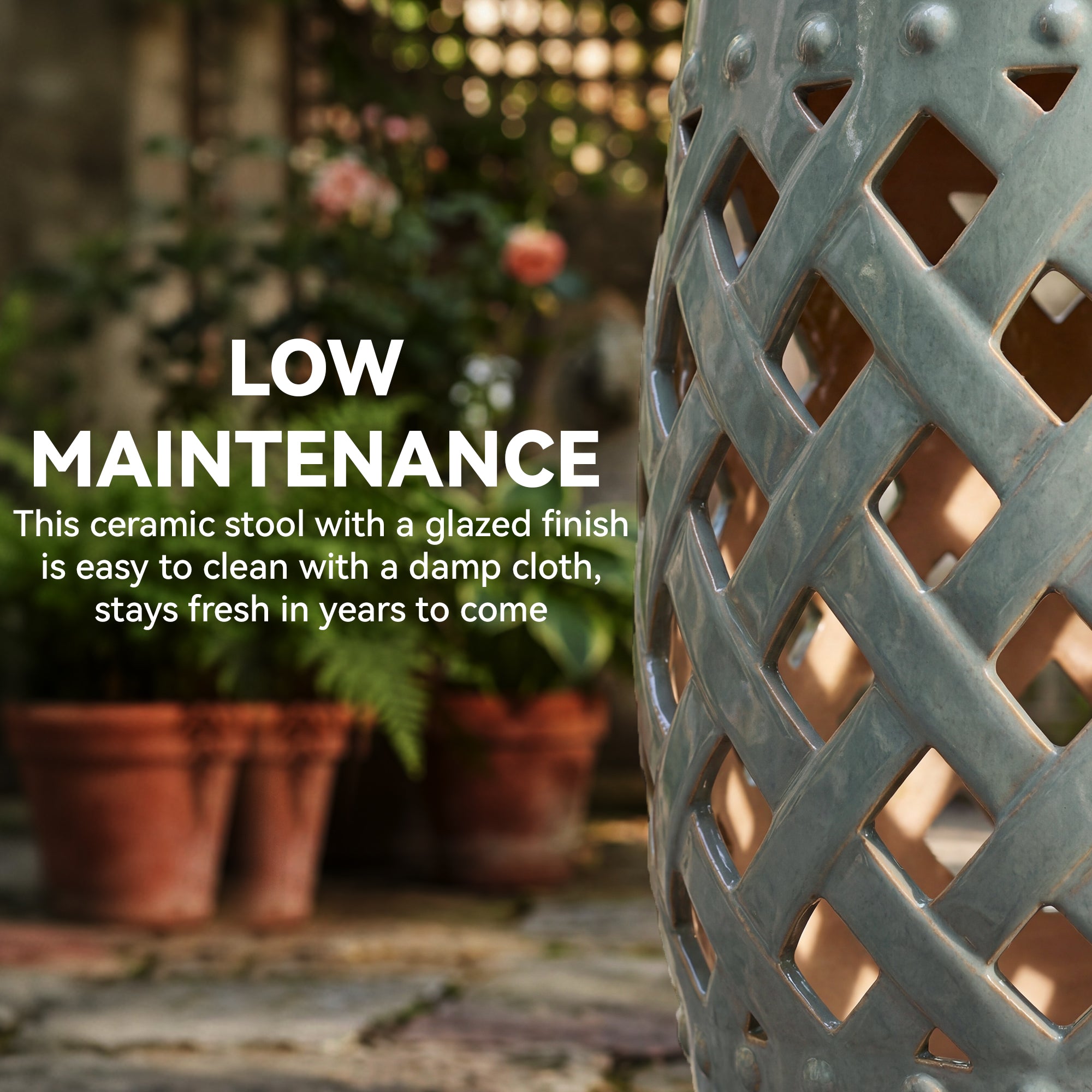 13" x 18" Ceramic Garden Stool with Woven Lattice Design & Glazed Strong Materials Decorative Outdoor Stool